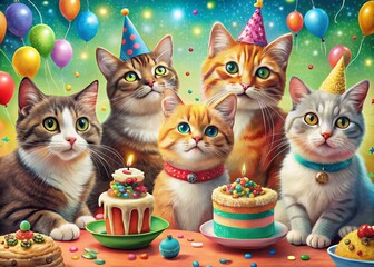 Wall Mural - Adorable Cats Celebrate Birthday with Cake - Rule of Thirds Composition