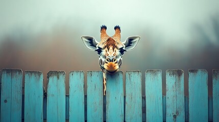 Wall Mural - Curious giraffe peering over a blue wooden fence.