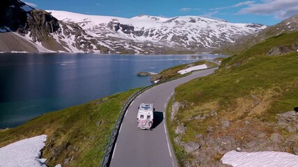 Wall Mural - experience the stunning beauty of norway as a campervan travels along a winding road, surrounded by 