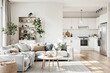 © PlanetOfVectors - Scandinavian-style living room with a cozy sofa, wooden furniture, green plants, and a modern kitchen in white tones, bathed in sunlight. Ai generative