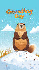 Wall Mural - A stylized illustration of a curious groundhog standing on a snow-dusted hill. 