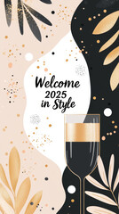 Welcome 2025 in style with chic black and gold design featuring elegant leaves