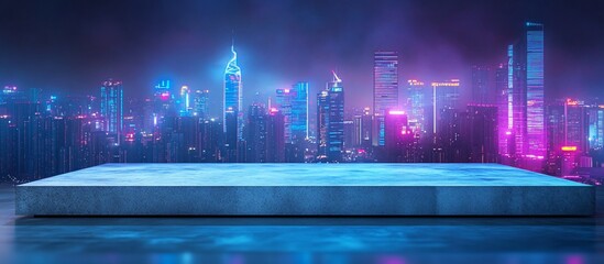 Wall Mural - Concrete platform against vibrant city skyline at night.