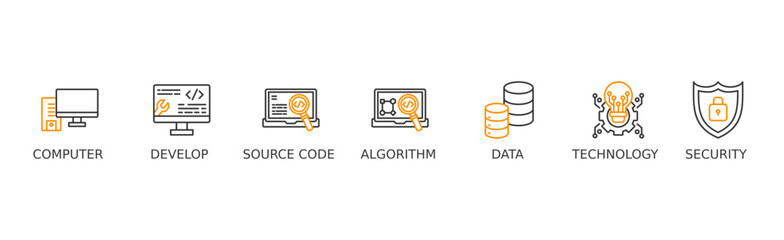 Programming banner web icon vector illustration concept with icon of computer, develop, source code, algorithm, data, technology and security