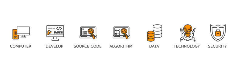 Programming banner web icon vector illustration concept with icon of computer, develop, source code, algorithm, data, technology and security