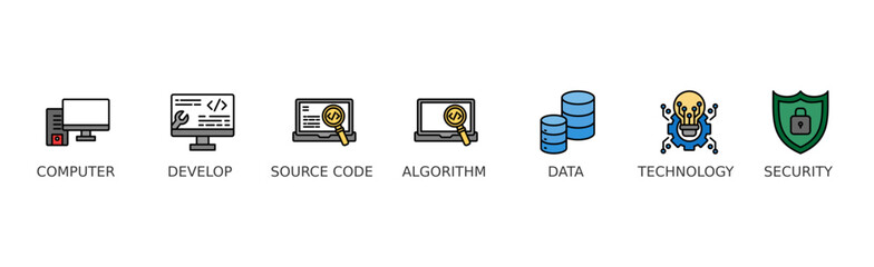 Programming banner web icon vector illustration concept with icon of computer, develop, source code, algorithm, data, technology and security