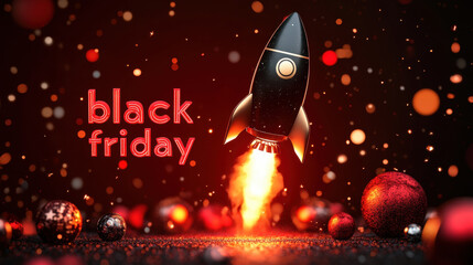 Wall Mural - rocket taking off with fiery trail against festive background, celebrating black friday with vibrant