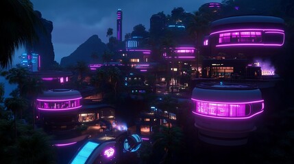 Poster - Futuristic coastal city at night with neon lights.