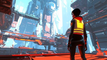 Wall Mural - futuristic city scene with a person gazing at towering structures.