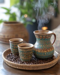 Aromatic coffee steaming from a traditional handcrafted ceramic pot, served with two ornate cups on a rustic tray, surrounded by roasted coffee beans.