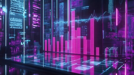 Neon data visualization on a digital screen showing graphs, charts, and code.