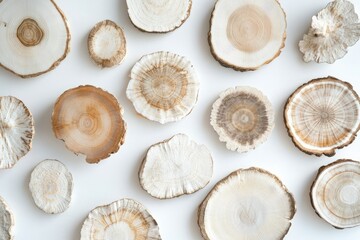 Collection of tree cross-sections, showcasing natural wood grain patterns and textures on a white background.