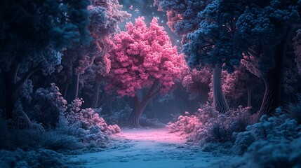 Wall Mural - pink tree in a dark, mystical forest at night.