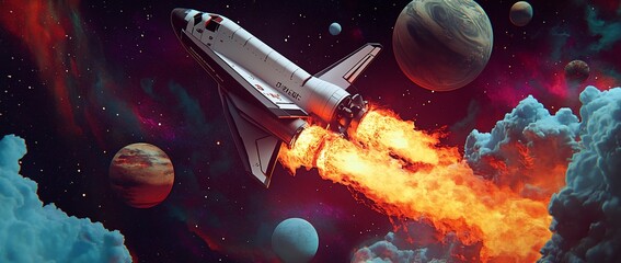 Wall Mural - spacecraft launching through nebula, fiery trail.