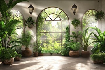 Poster - A serene indoor space filled with lush houseplants, perfect for indoor gardening enthusiasts. Sunlight streams through arched windows, enhancing natural beauty.