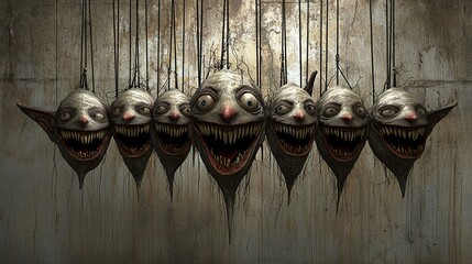 Ghoulish grins hanging, grunge wall, horror art, Halloween