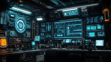 futuristic tech control room with monitors.