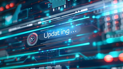 Close-up of a Digital Screen Showing Software Update Progress, Blurry Tech Icons, Code Snippets, Loading Circle, 