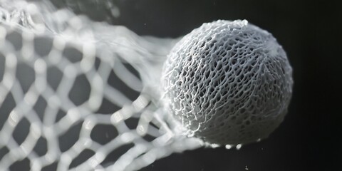 Close-up of a textured sphere caught in a net.