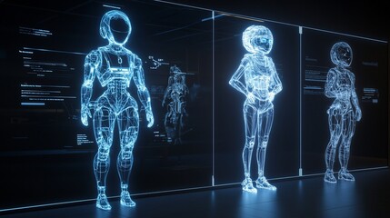 Wall Mural - three glowing female robots displayed on futuristic screens.