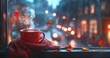 © adri - Red mug of hot drink on windowsill, autumn rain. (1)