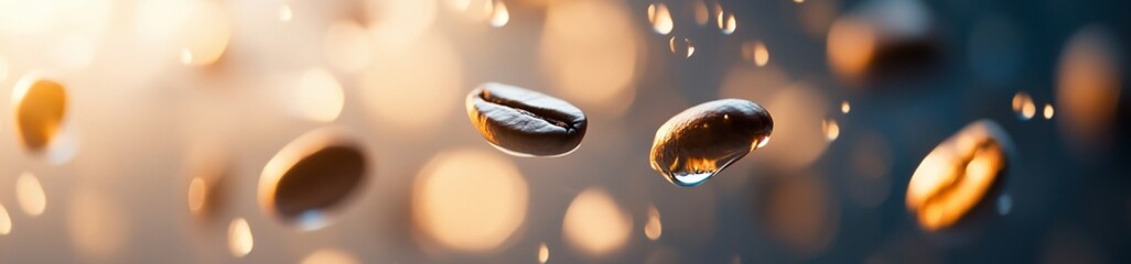 Coffee beans falling in water with bokeh background.