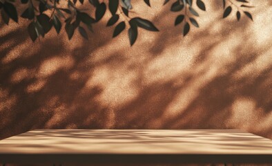 Wall Mural - wooden table with sunlit leaves shadow on wall.