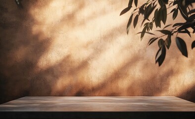 Wall Mural - empty table with sunlit textured wall & leaves.
