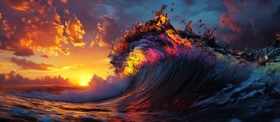 Canvas Print - Vibrant sunset illuminating a colossal ocean wave.