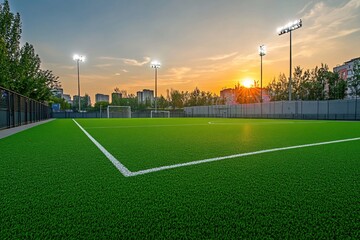 Sunset over a modern soccer field with artificial turf and bright stadium lights