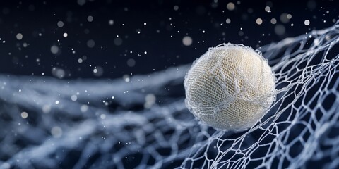 Abstract textured sphere in net, dark background.