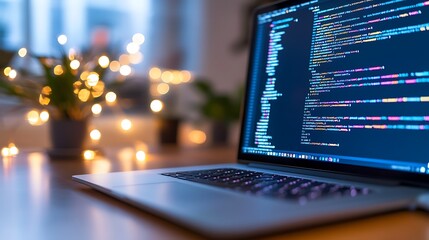 Laptop displaying code on a desk with fairy lights.