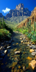 Canvas Print - Serene desert stream flowing through rocky terrain, majestic mountains in background.