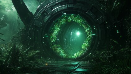 Canvas Print - Glowing portal in overgrown futuristic jungle.