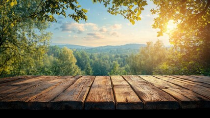 Table background of free space for your decoration and calm forest and blue sky background