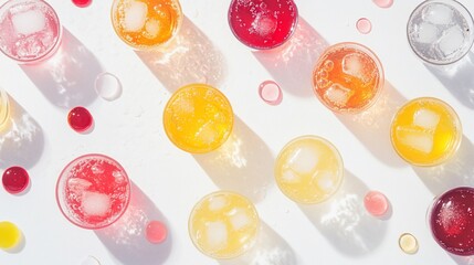 Wall Mural - Colorful iced drinks in glasses arranged on white background with bright sunlight and jelly candies.