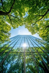 Fototapete - Modern skyscraper reflected in lush green trees.
