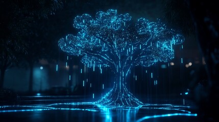 Wall Mural - glowing digital tree with data rain at night.