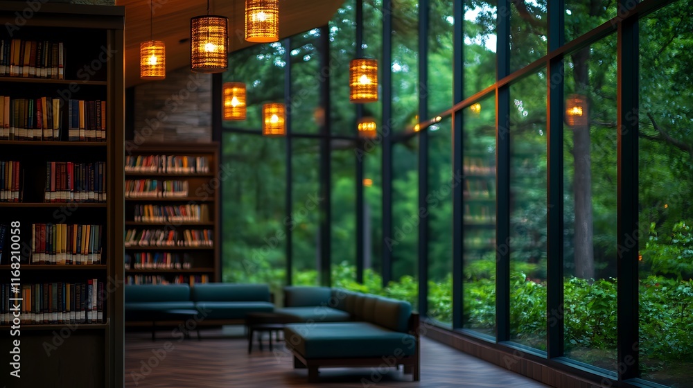 Modern Library Background Subtle Modern library with blurred background of bookshelves and seating areas ...