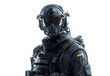 © Lucky - Swat outfit black. Fully equipped swat soldier. Weapons and tactics. operative dressed in full tactical uniform including protective mask full body bulletproof armor tactical helmet protective goggles