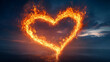 © Your Hand Please - A vivid image of a burning heart symbolizing intense emotion and passion, chaos surrounding it with fiery sparks and dynamic movement, offering space for a powerful caption on the side