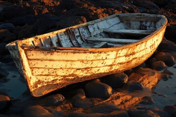 Poster - Old weathered wooden boat rests on rocky shore at sunset, bathed in golden light.