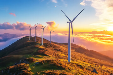 Mountain valley with wind turbine at sunrise. Ecological energy concept. Wind turbines atop hill illuminated by orange glow of setting sun highlighting renewable energy in harmony with nature.	