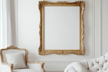 Wall Mural - Elegant empty gold frame on white wall, classic chairs.