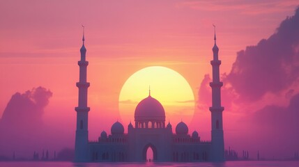 Aufkleber - A beautiful silhouette of a mosque against a vibrant sunset.