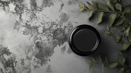 Poster - A black jar sits on a textured gray surface, accompanied by green leaves.
