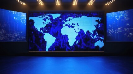 Aufkleber - A blue-lit stage featuring a world map on a large screen, ideal for presentations or broadcasts.