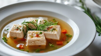 Wall Mural - Fish meatball soup garnished with chopped scallions and chili peppers in bowl