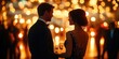 © video - Romantic evening gala scene with couple holding hands blurred background dancing warm golden bokeh lights impressionistic style
