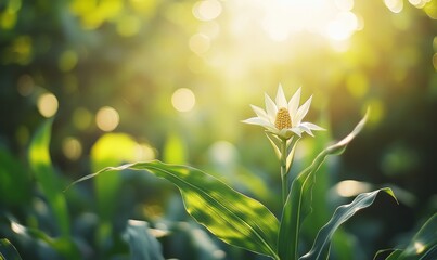 Wall Mural - single white flower backlit by sunlight in lush green foliage.